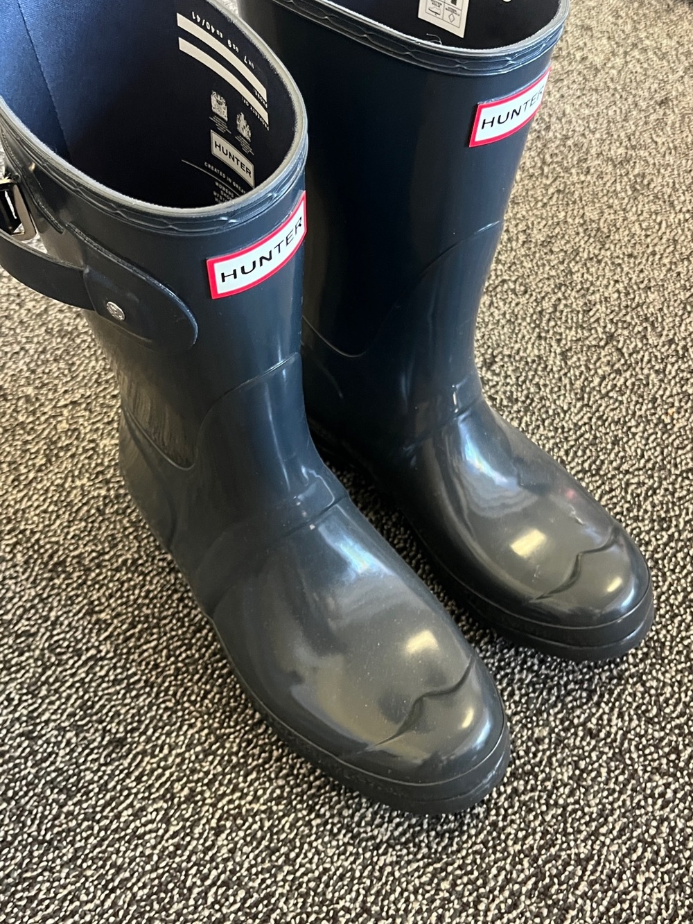 Hunter Glossy Navy Tall Rain Boots with Red Logo